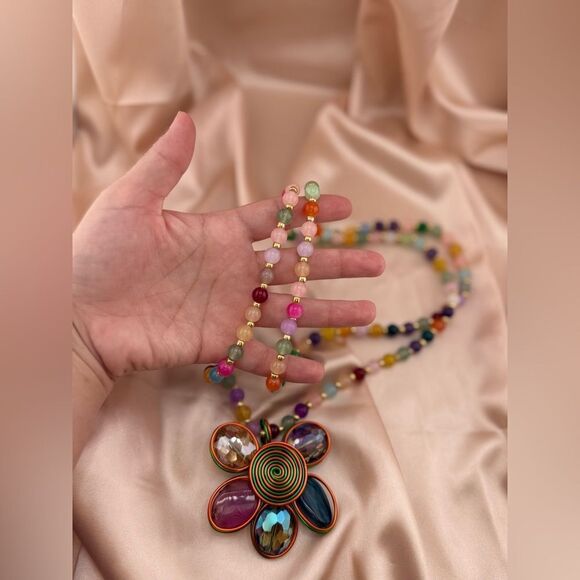 Rainbow Beaded Flower Pendant Necklace – Bold, Colorful & Totally Joyful - Picture 7 of 12